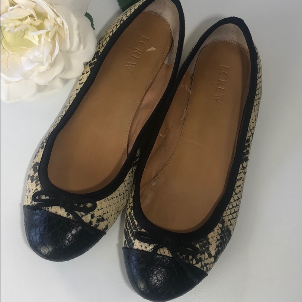 J. Crew Leather Python Print Ballet Flat Black Si… - image 4